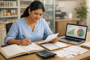 ගිණුම් | Sri Lankan small business owner reviewing accounting records at an office desk, checking invoices and a ledger while using a calculator and laptop displaying profit and expense charts in a calm, well-organised workspace.