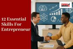 Skills | Two professionals shake hands at a conference table while teammates work on laptops; a large screen behind them shows AI, charts, and globe icons in a bright, minimal modern office.