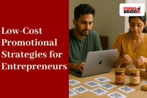 A banner image featuring two Sri Lankan entrepreneurs working at a desk with a laptop, jars labeled “Spicy Mix” and “Chili Paste,” and printed QR codes. The left side displays a red background with white text reading “Low-Cost Promotional Strategies for Entrepreneurs” and
