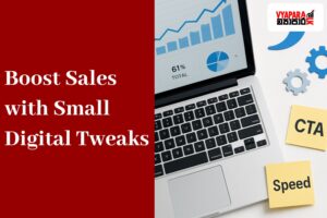 Boost Sales | A laptop showing blue analytics charts, a smartphone with an online checkout screen, and sticky notes labeled “CTA” and “Speed” arranged on a clean white desk with blue icons of arrows, gears, and a shopping cart — symbolizing digital marketing and sales optimization.