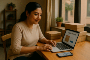Selling Online: A pleasant young Sri Lankan female entrepreneur smiling while setting up her online store on a laptop in a cozy, sunlit workspace. Cardboard boxes, a smartphone showing eCommerce analytics, and small potted plants surround her on a wooden desk, creating a warm and modern business atmosphere.