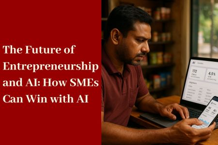 A Sri Lankan entrepreneur in a maroon polo shirt is seated at a wooden desk, analyzing AI-powered business analytics on his smartphone while a laptop beside him displays similar charts and data. A bold red banner on the left side of the image reads: “The Future of Entrepreneurship and AI: How SMEs Can Win with AI.” Shelves with products are blurred in the background.