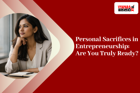 sacrifice | Thoughtful South Asian woman entrepreneur seated by a window in a modern workspace, symbolising reflection, ambition, and personal sacrifice in entrepreneurship, with the headline “Personal Sacrifices in Entrepreneurship: Are You Truly Ready?” on a red background.
