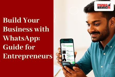 WhatsApp Young Sri Lankan entrepreneur smiling while using WhatsApp Business on his smartphone at a desk, with a laptop and notebook nearby. The image features the title “Build Your Business with WhatsApp: Guide for Entrepreneurs” on a red background with the Vyapara.lk logo.