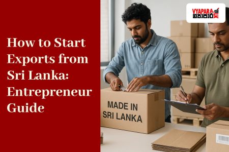 Start Export | Sri Lankan entrepreneurs preparing export goods in a modern workspace — one labeling cinnamon jars, another sealing a box labeled “Made in Sri Lanka,” and a third reviewing export paperwork on a clipboard under natural daylight.