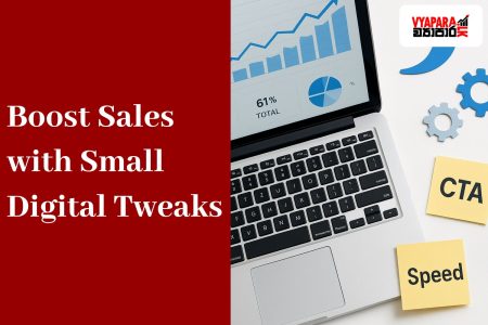 Boost Sales | A laptop showing blue analytics charts, a smartphone with an online checkout screen, and sticky notes labeled “CTA” and “Speed” arranged on a clean white desk with blue icons of arrows, gears, and a shopping cart — symbolizing digital marketing and sales optimization.