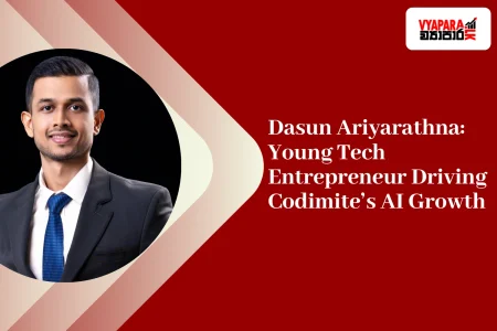 Tech | Portrait of Dasun Ariyarathna, young tech entrepreneur and Founder & CEO of Codimite, featured on Vyapara with headline highlighting AI-driven growth.