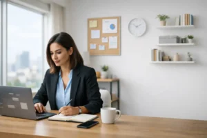 freelancing | Professional freelancer working at a minimalist desk in a modern home office, with wall shelves, planner board, and clock behind her, symbolising productivity, flexibility, and a future-focused freelance career.