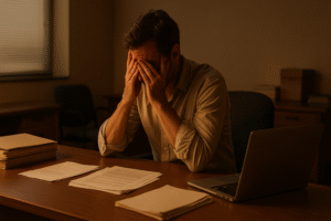 ව්‍යාපාර | An exhausted entrepreneur sits alone at a dimly lit desk in the evening, covering his face with his hands. Closed files, scattered paperwork, and an open laptop surround him, capturing the emotional weight of stress and burnout after a business loss.