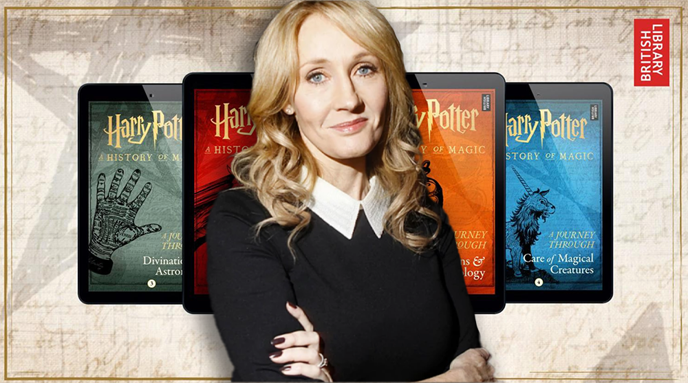 J.K. Rowling with Harry potter books