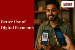 digital | A young Sri Lankan entrepreneur smiles while showing a smartphone with a QR code for payment inside a modern shop, as a customer scans it using another phone. The image has a red banner on the left reading “Better Use of Digital Payments” and the Vyapara.lk logo in the top right corner.