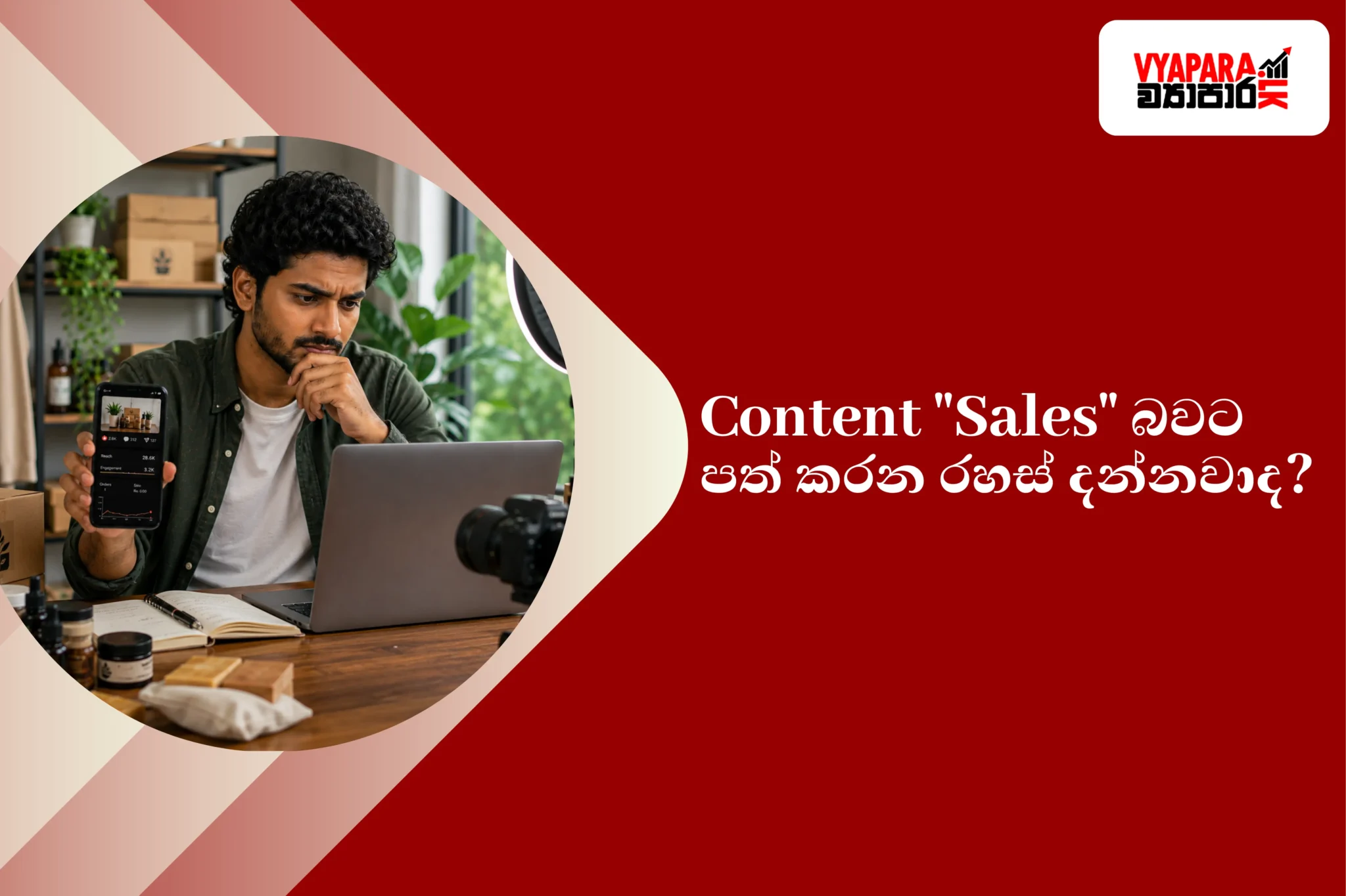 Strategy | Vyapara.lk featured graphic showing a Sri Lankan entrepreneur analysing social media performance on a smartphone and laptop with the Sinhala headline about converting content into sales.