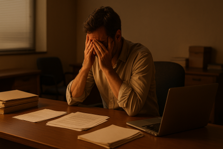 ව්‍යාපාර | An exhausted entrepreneur sits alone at a dimly lit desk in the evening, covering his face with his hands. Closed files, scattered paperwork, and an open laptop surround him, capturing the emotional weight of stress and burnout after a business loss.