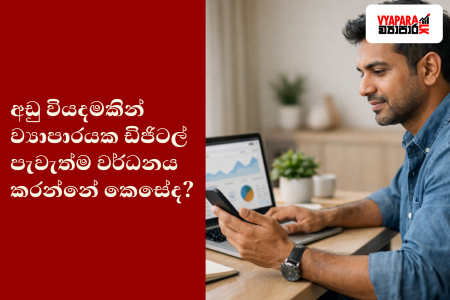 ඩිජිටල් පැවැත්ම | A small business owner working at a desk with a laptop and smartphone, reviewing digital analytics and online tools in a calm, modern workspace with natural light.