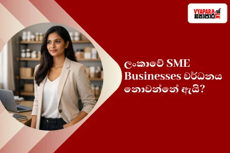 Strategy | Vyapara.lk featured graphic showing a Sri Lankan entrepreneur analysing social media performance on a smartphone and laptop with the Sinhala headline about converting content into sales.